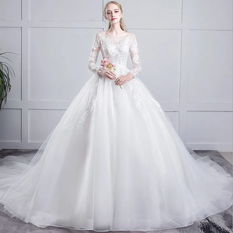 

Fashion Beading Lace Vestidos de Novia A-Line Scoop Wedding Dresses 2019 Long Sleeves Bridal Gowns With Pearls And Train