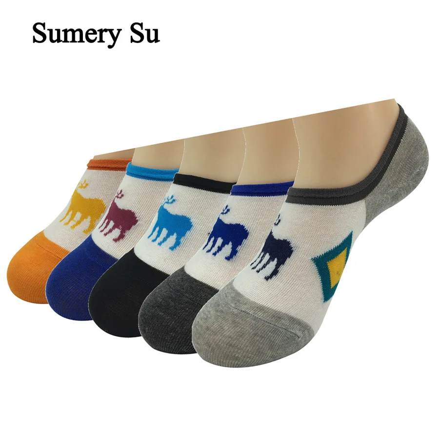 5 Pairs/Lot No Show Socks Men Cotton Christmas Deer Pattern Male Youth Casual Ankle Socks Men