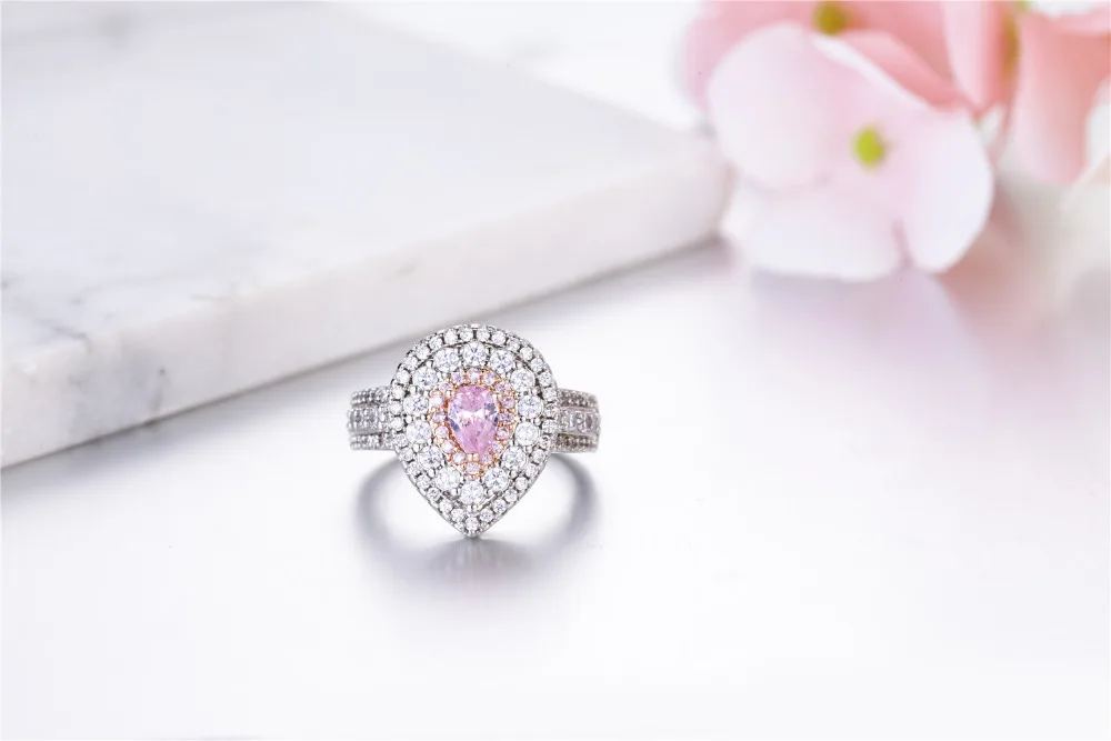 

Lovely Heart Shape Women Fashion Ring 100% real Silver color Pink AAA Zircon Inlaid Jewelry Finger Rings for Wedding Engagement