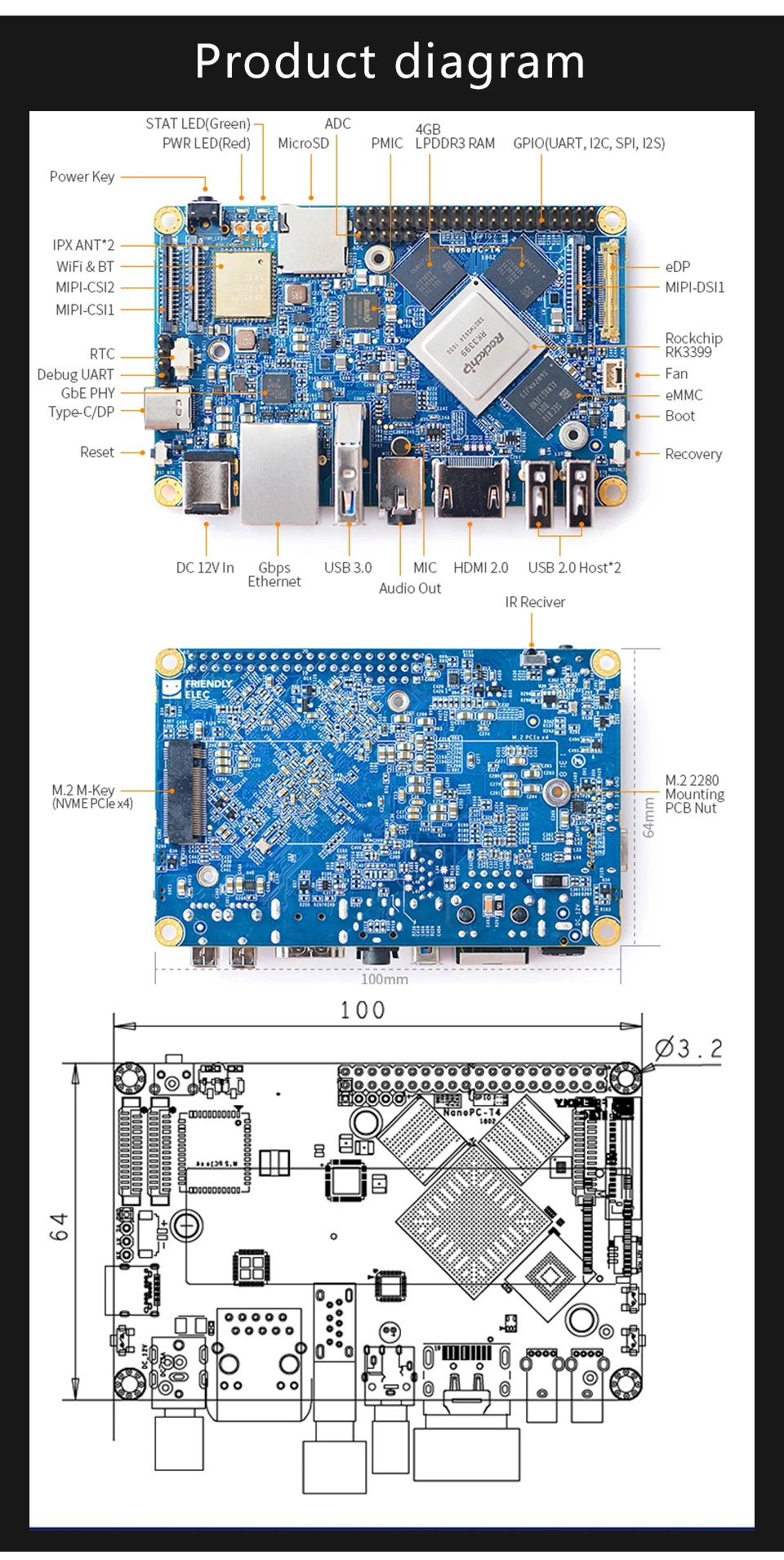 FriendlyARM NanoPC-T4 Rockchip RK3399 Cortex-A72 Cortex-A53 VR AI OpenCV TensorFlow MIPI двухдиапазонный Wi-Fi M.2PC 4 Гб Оперативная память 16 Гб EMMC