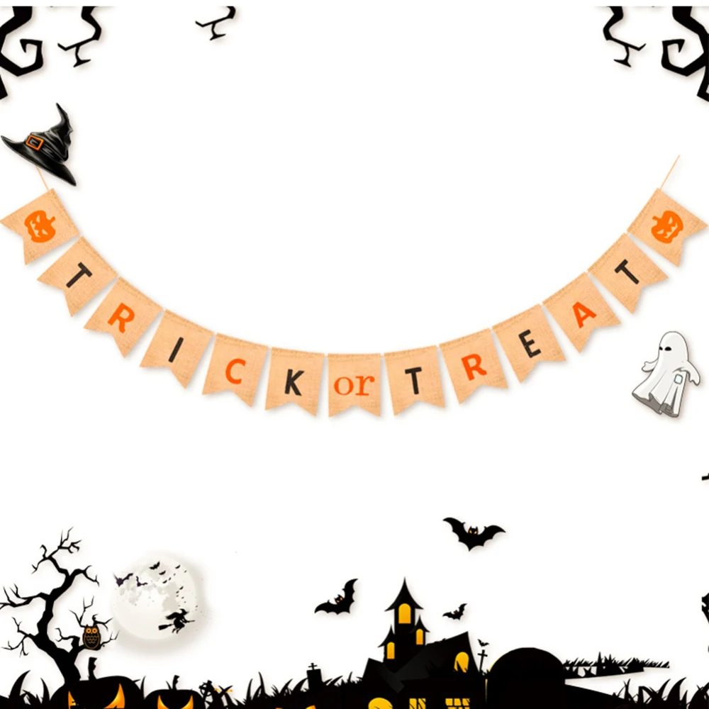 

2.5m Trick or Treat Words Banner Burlap for Halloween Festival Party Supplies Home Door Linen Flag Decoration
