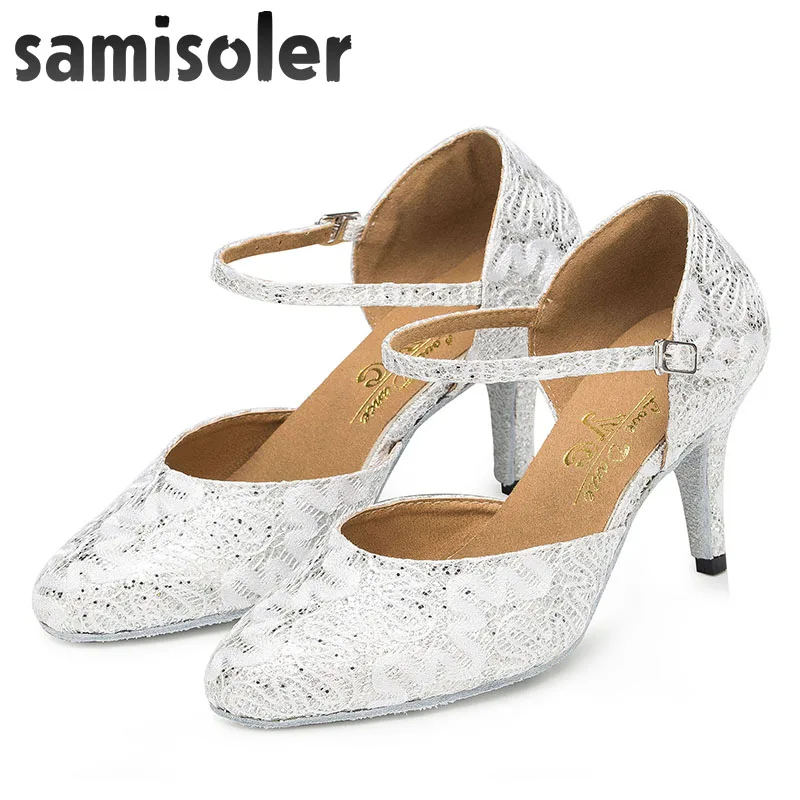 Samisoler Yellow/W New Cloth Collocation Shine Ribbons Ballroom Fashion Dance Women Latin Dance Competition Shoes