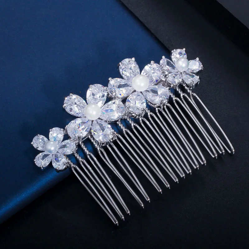 Silver CWWZircons Потрясающий Кубический Цирконий камень желтый золотой цвет жемчужный Свадебный гиар расчески украшение из цветов аксессуары для невесты A010 - Окраска металла: Silver
