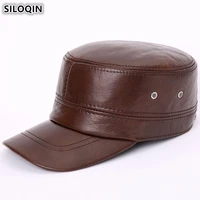 siloqin adjustable size mens army military hats with ears genuine leather flat caps for men winter cowhide leather earmuffs cap