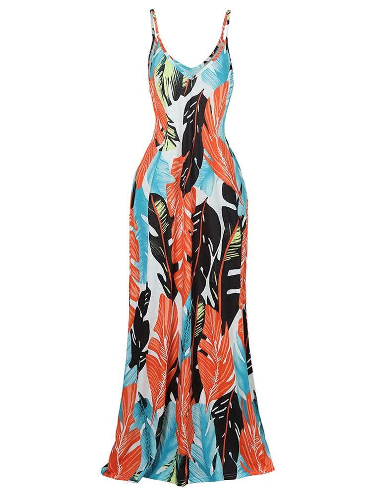 

Summer Leaf Printed Spaghetti Strap Maxi Dress Women Elegant Party Dresses Female V Neck Dresses Woman Party Night Dress