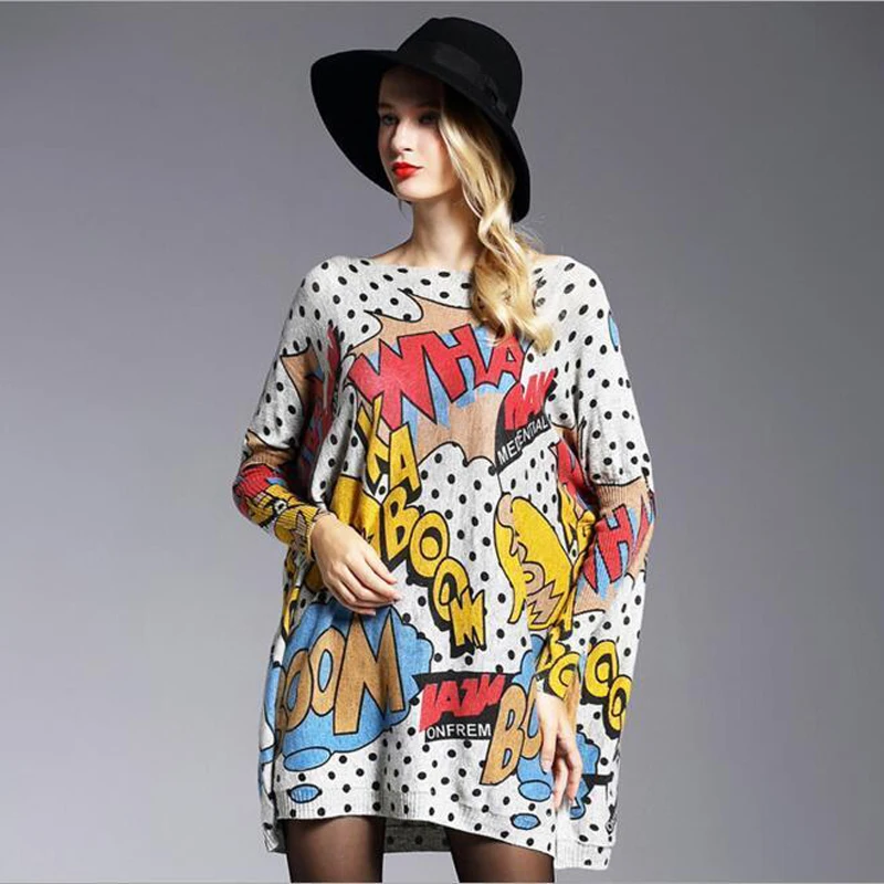 Женский мешковатый вязаный пуловер с комическим принтом джемпер вязаная одежда