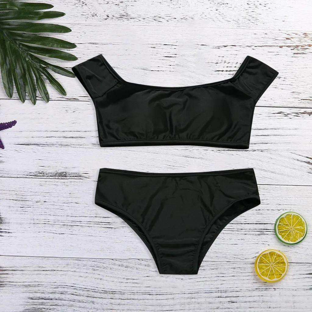 Женский Однотонный черный бюстгальтер пуш ап с низкой талией пляжный комплект