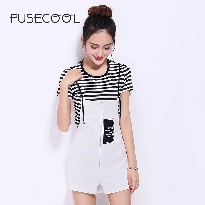 PUSECOOL 2017 Сладкие Девочки Повседневная Женская Одежда Набор Полосой футболка +