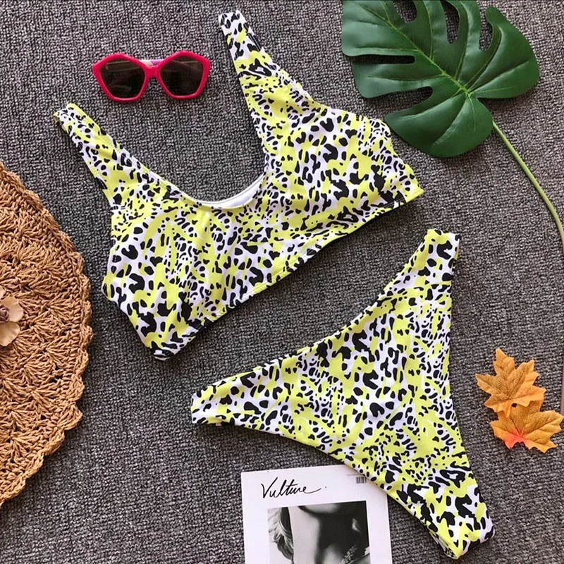 Новинка желтые леопардовые Для женщин бикини Мягкий Пряжка полые ретро Maillot de bain