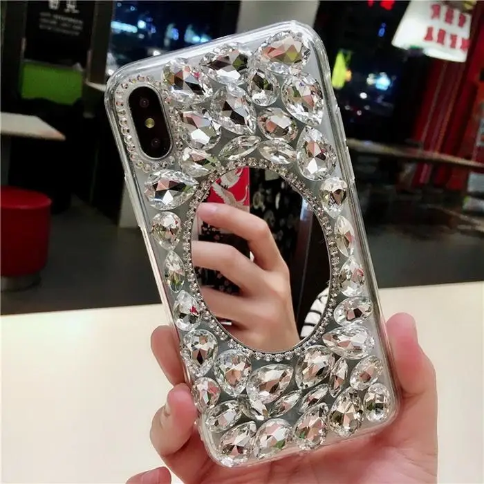 Креативные Rhinestone задняя крышка-чехол для телефона с зеркалом для макияжа для серебро iPhone легко надевается и снимается