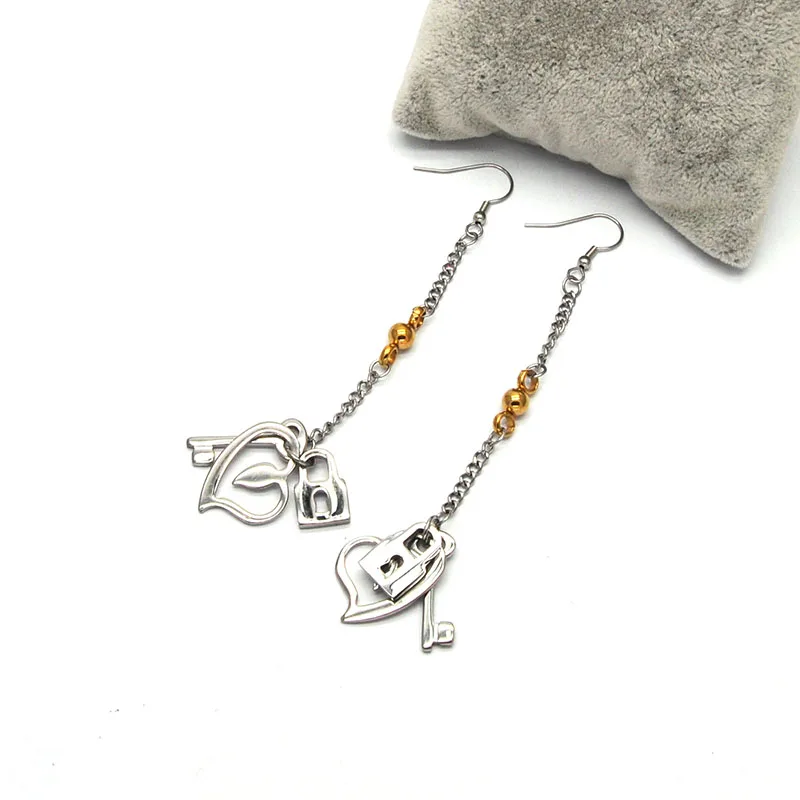 Pendientes Trendy Stainless Steel Drop Earrings Silver Love heart keys locks pattern Personalized Jewelry For Women E032219 | Украшения и