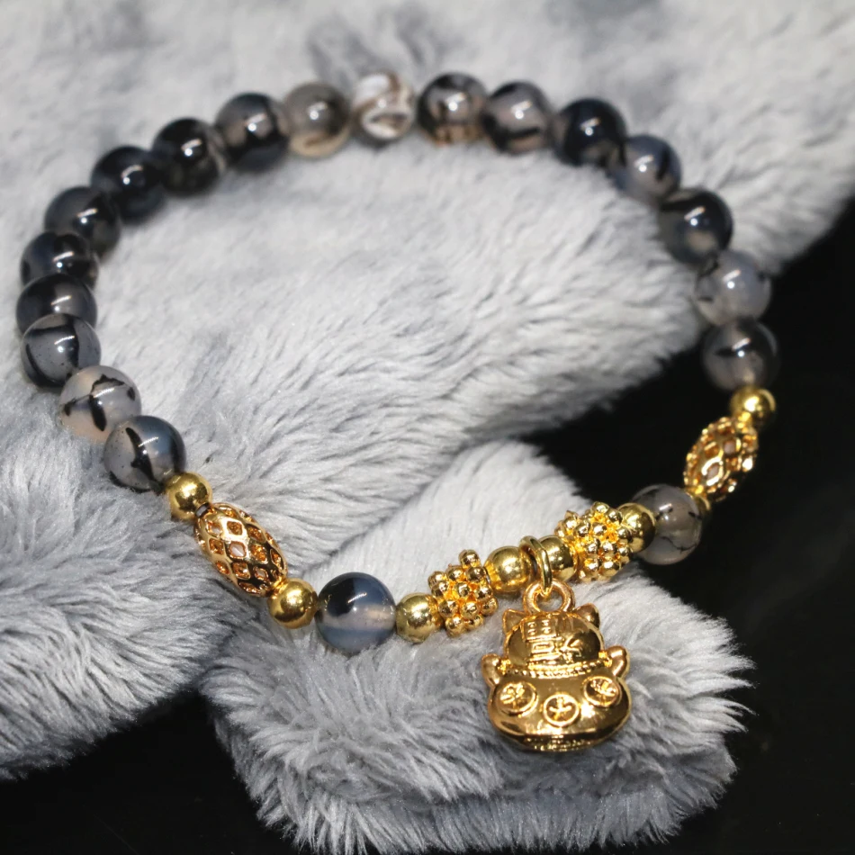 

Black dragon strand bracelet natural semi-precious stone carnelian onyx agat 6mm round beads women cat accseeories 7.5inch B1967