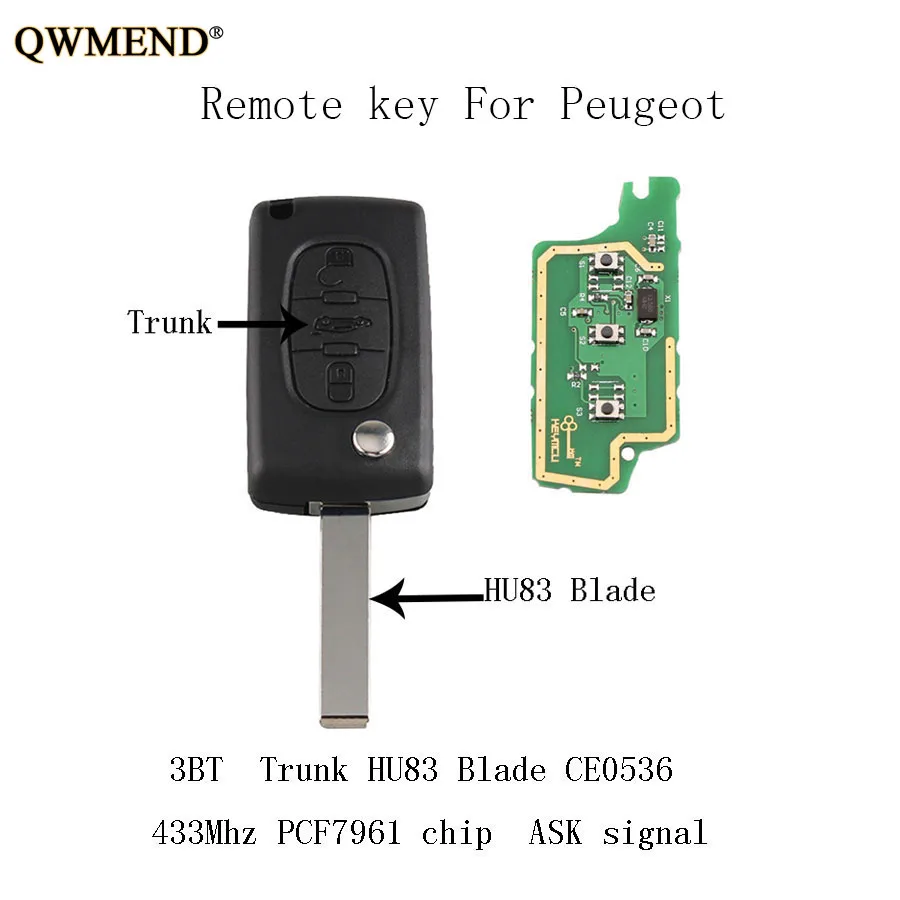 Дистанционный ключ QWMEND для автомобиля сделай сам 3 кнопки HU83 Blade CE0536 ASK signal 433 МГц и