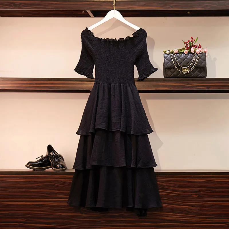 Женское летнее платье большого размера с воротником однотонное для похудения