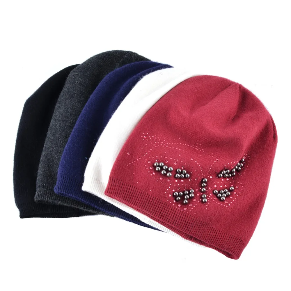 Ladies Knitted Bonnet Beanies Cap Women Pearls Butterfly Rhinestone Rabbit Wool Hat For Girls Autumn And Winter Female Skullies |