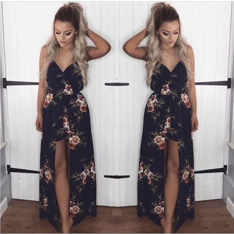 Женское длинное платье с разрезом Bohemia розовое пляжное принтом вечерние платья