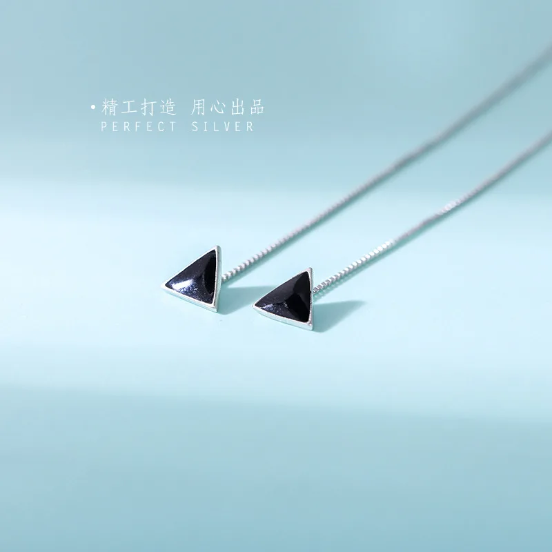 ElfoPlataSi 925 Sterling Silver Black Triangle Earrings Long Chain Ear Line Earrings For Women Fashion Silver 925 Jewelry ED376