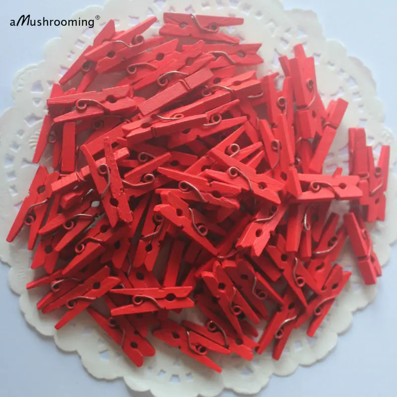 (100 шт./лот) 25 мм красные Мини Деревянные прищепки для одежды | весенний баннер Фото