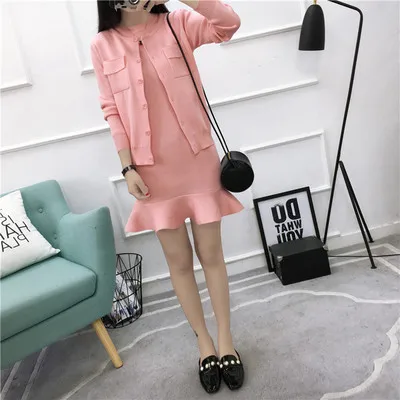 pink Комплект из 2 предметов, зимний Кардиган, топ с длинными рукавами и юбка, комплект с платьем, костюмы, черный/синий/серый/розовый вязаный комплект из двух предметов с курткой - Цвет: pink