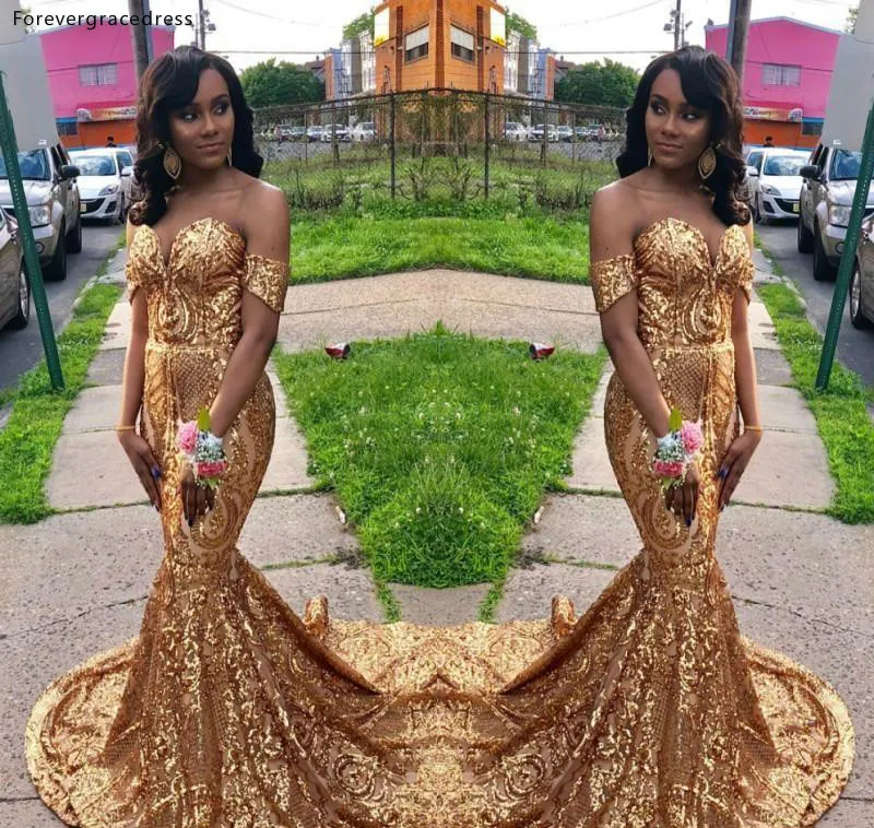 

Sexy Gold Prom Dresses African Black Girls Off Shoulder Holidays Graduation Wear Evening Party Gowns Plus Size Custom Made