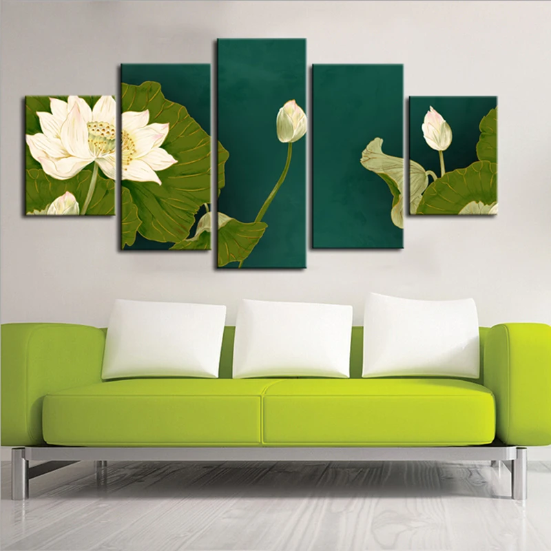 

High Definition Spray Painting Lotus Canvas Printings Waterproof Ink Wall Canvas Prints 5 Unstretched Pictures Print on Canvas