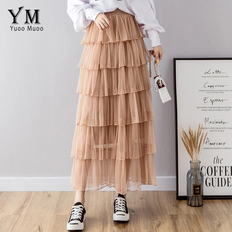Кружевная длинная юбка YuooMuoo с высокой талией плиссированная Тюлевая модная