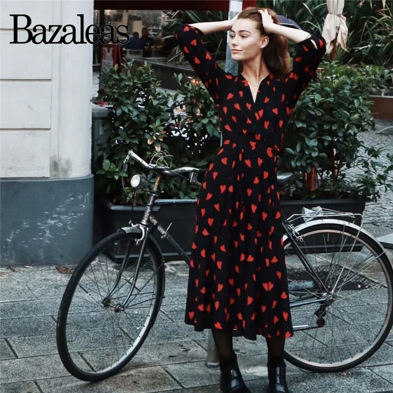 Платье Bazaleas 2020 с запахом и принтом сердечек винтажные черные женские платья V