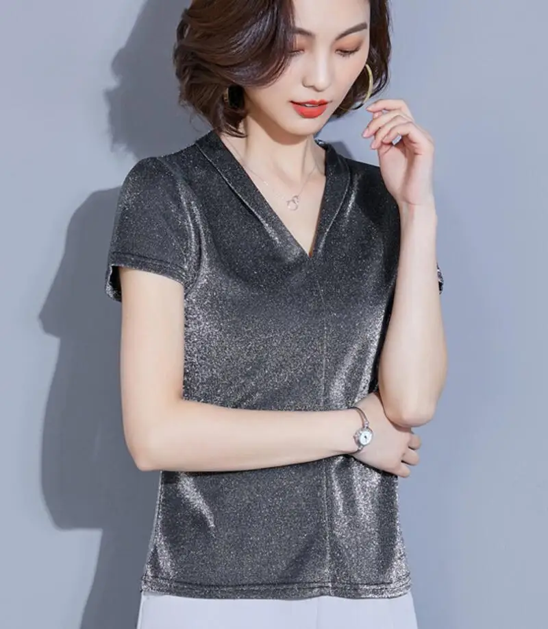Blusas Mujer De Moda, новинка, яркая шелковая кружевная блузка, женские рубашки, блестящий люрекс, сексуальная, короткий рукав, для офиса, Женские топы и блузки
