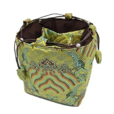 Wave Pattern 5 Grid Tea Set Pouch Travel Storage Bag Chinese Silk Brocade Square Bottom Small Cup Bracelet Necklace Packaging