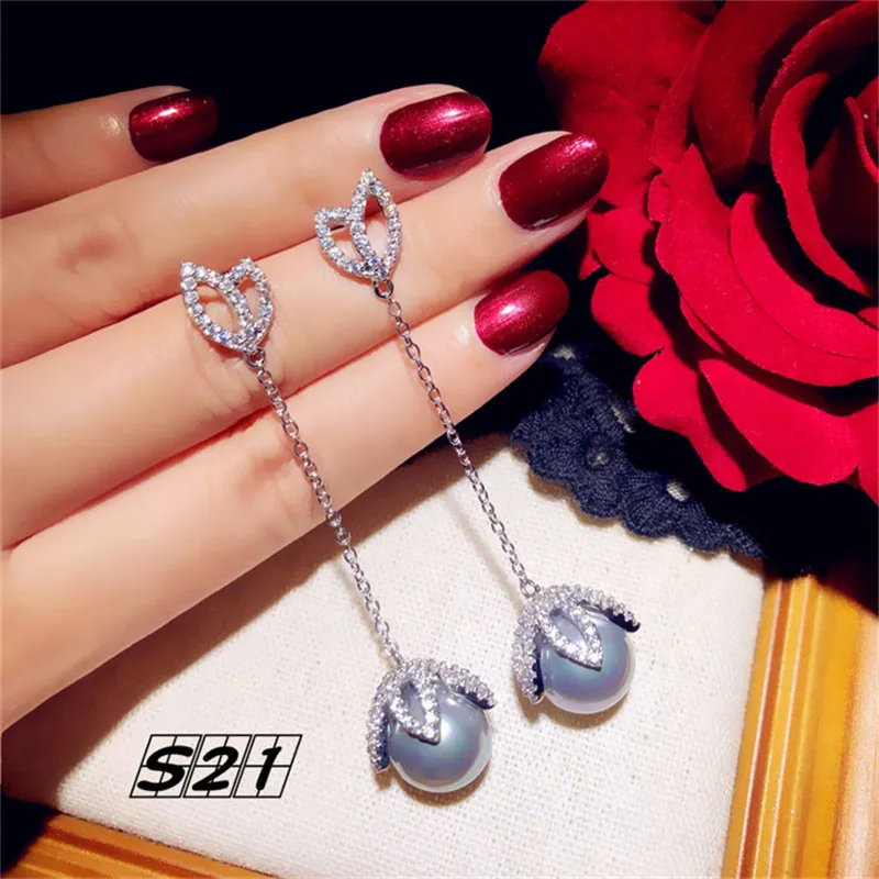 Винтажные висячие серьги для женщин, Серебро S925, длинные серьги с кубическим цирконием, темно-серые серьги с пресноводным жемчугом, темперамент, хорошее ювелирное изделие - Цвет камня: S21