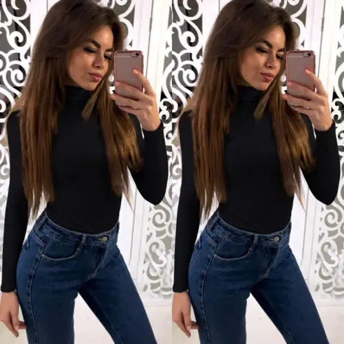 Весна осень зима мода Водолазка Топы с длинным рукавом хлопковая Футболка тонкая