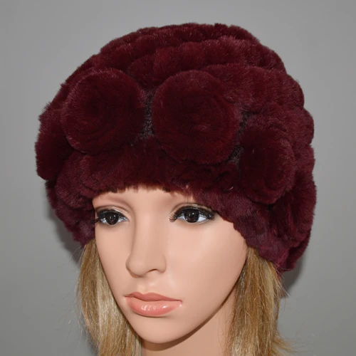 wine red Для женщин натуральная Трикотажные кролика рекс меховая шапка зимняя вязаный цветок Кепки Для женщин Настоящий мех кролика шапки бини шапки Шапки оптом и в розницу - Цвет: wine red