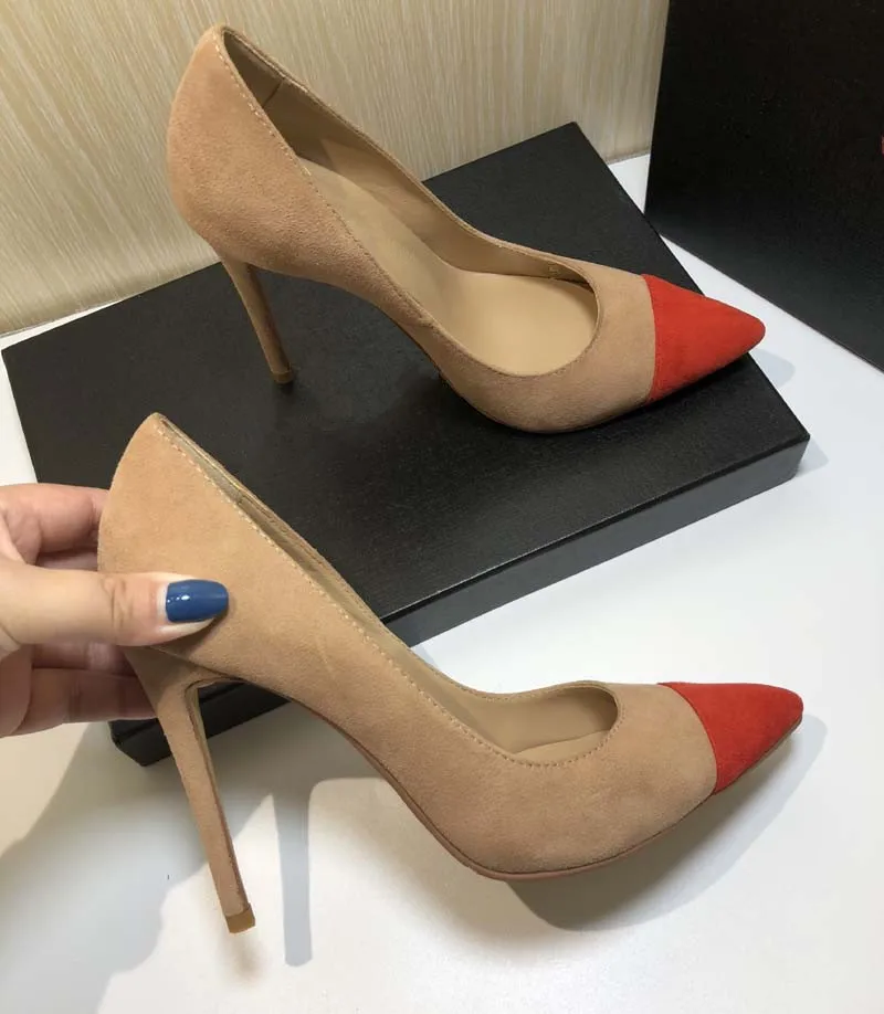 Модные замшевые модельные туфли цвет красный телесный женская обувь на высоком