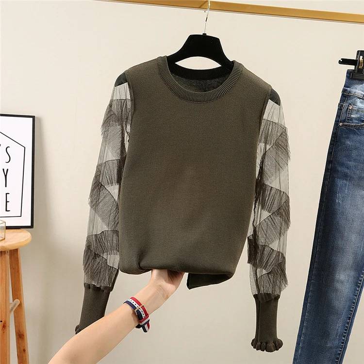 ALPHALMODA вязаный джемпер с оборками и кружевным рукавом в стиле пэчворк женские осенние однотонные пуловеры Изящные свитера