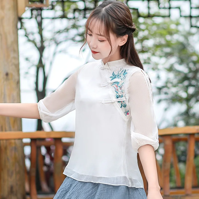 

Chinesetraditional Women Mandarin Collar Shirt Blouse Vintage Ladys Embroider Flower Tops Oriental Hanfu Stage Show Clothing