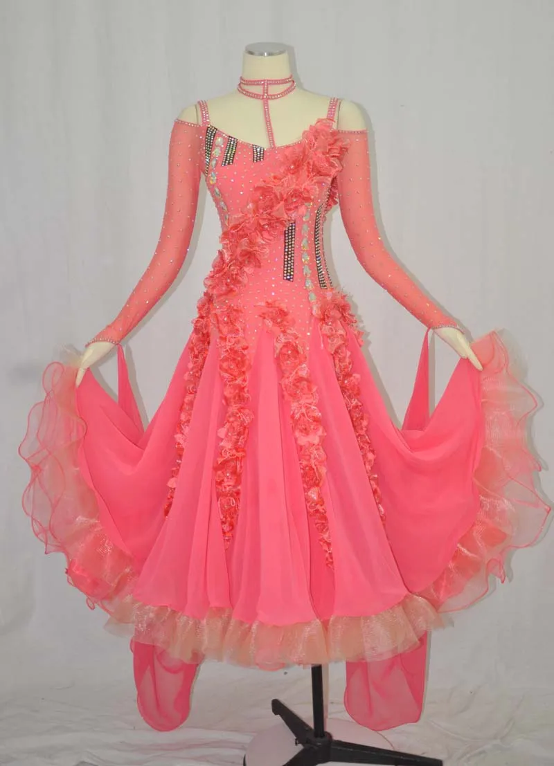 Ballroom Competition Dance Dresses Adult High Quality Long Sleeve Sexy Pink Dancing Dress Women Standard Skirt | Тематическая