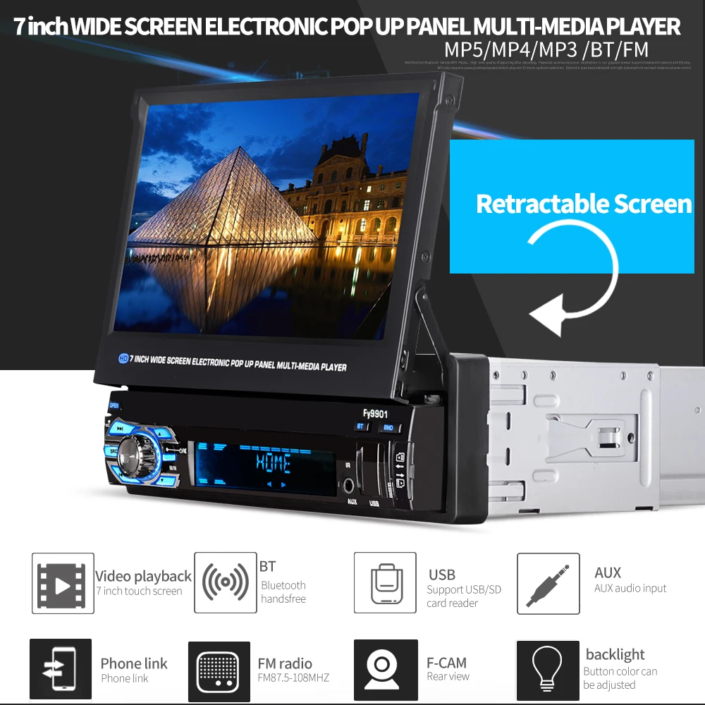 Bluetooth 7 дюймов 1Din моторизованный всплывающий/вытяжной сенсорный экран
