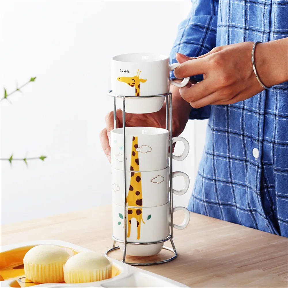 4 pcs just 150ml Stackable Cute Animal Cartoon Reusable Ceramic Office Coffee Mug Set with Chrome Stand for Tea Water and Milk | Дом и сад