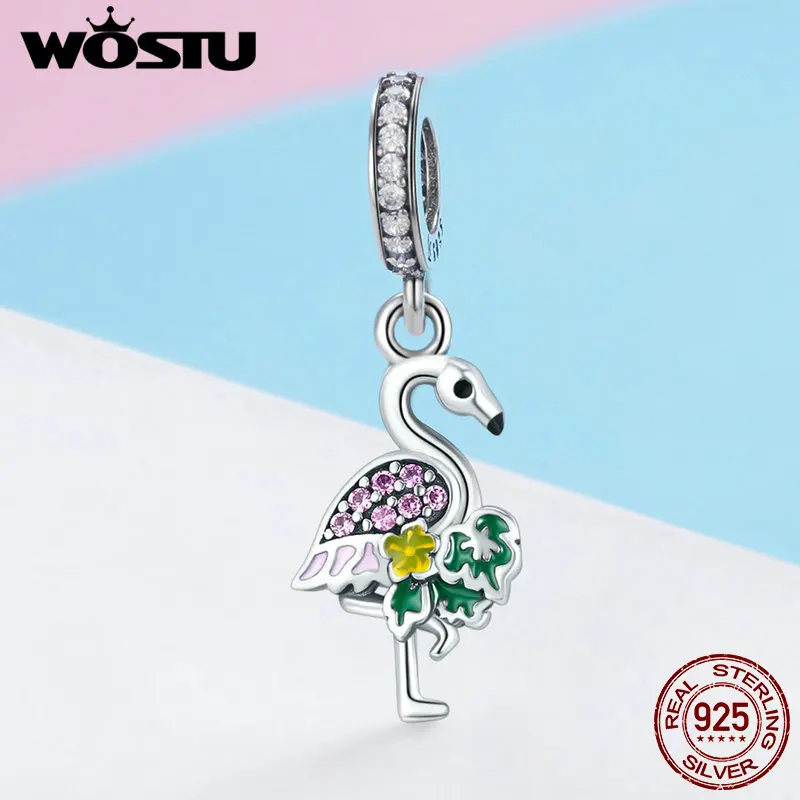 WOSTU, подлинные 925 пробы, серебряные, цветные, фламинго, трендовые подвески, подходят для бусин, браслета, ожерелья, сделай сам, ювелирное изделие, подарок для влюбленных, FIC849