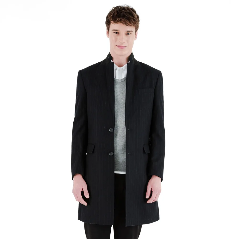 Мужской однобортный длинный пиджак из 2015 шерсти в черную полоску теплая Модная