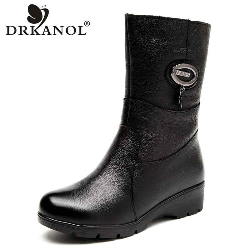 

DRKANOL Fashion Crystal Wedges Women Boots Genuine Leather Mid Calf Plush Winter Warm Snow Boots Women Cotton Boots Female Shoes