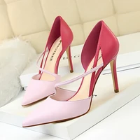 women pumps shoes fashion 9 5cm thin high heel mixed color pointed toe slip on shallow pu leather sexy lady party female shoes
