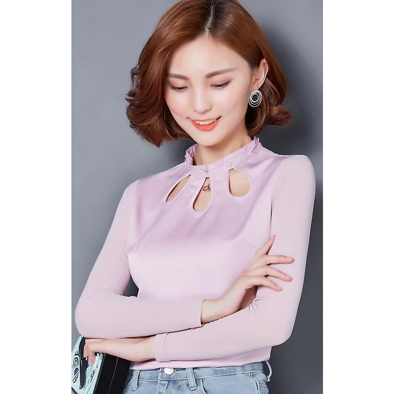 women tops Hollow Out Solid shirt Long Sleeve Fashion Cotton Stand Blusas Mujer De Moda 2017 Autumn Blouse Femme plus size 3XL |