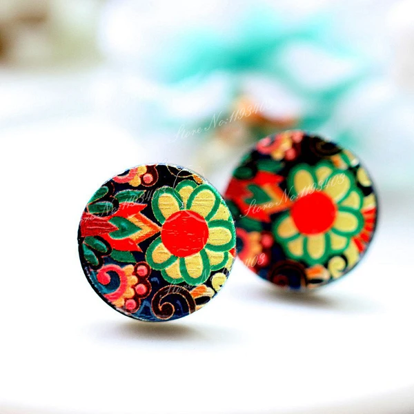 Unique 3D Flower Embossed 16mm Round Coloured Drawing pattern Laser Cut wood Cabochon DIY for Rings Earring Brooch Necklace | Украшения и