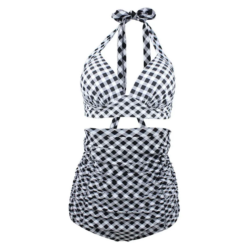 C-Bikini Set (7) Винтажный пуш-ап бикини Топ контрастный цвет клетчатый принт бикини бюстгальтер сексуальный женский бандаж из двух частей раздельный купальник синий красный черный - Цвет: C-Bikini Set (7)