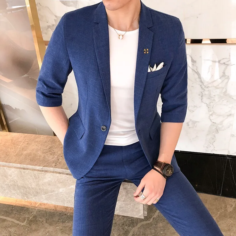 

Summer Men's Middle Sleeve Two-piece Suit Night Club Men's One Button Suit Jacket & Seven-cent Pants Groom's Suit