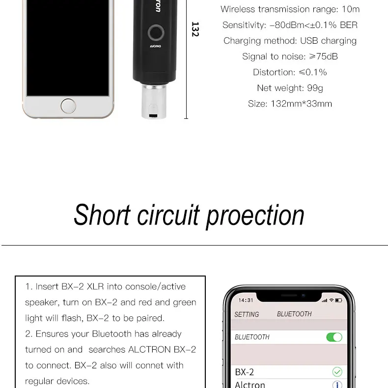 Alctron BX-2 портативный беспроводной преобразователь Bluetooth XLR интерфейс аудио приемник изменение кабельного устройства в беспроводное устройство BX2