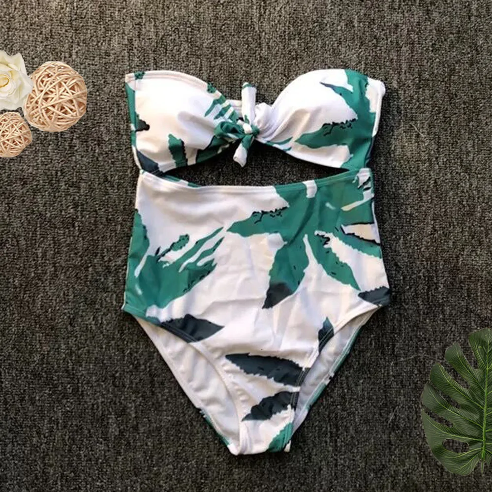 2019 Sexy bikini Set Leaves Swimwear Women Print Biquini Bow Swim Bathing Suit Tube Top Swimsuit Vintage Bikinis|Комбинезоны| |