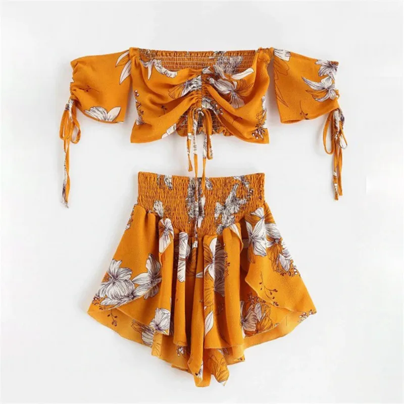 Пляжный костюм Boho Женский комплект с открытыми плечами и цветочным принтом