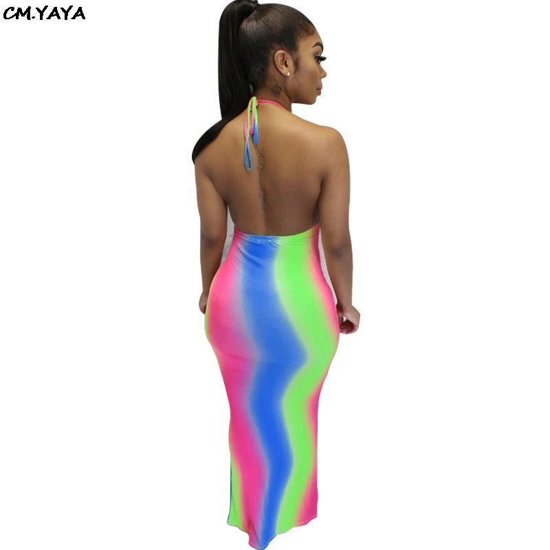 2019 new women summer rainbow halter neck open back bodycon midi maxi dress club party sexy night long dresses 3 color GLME2705 | Женская